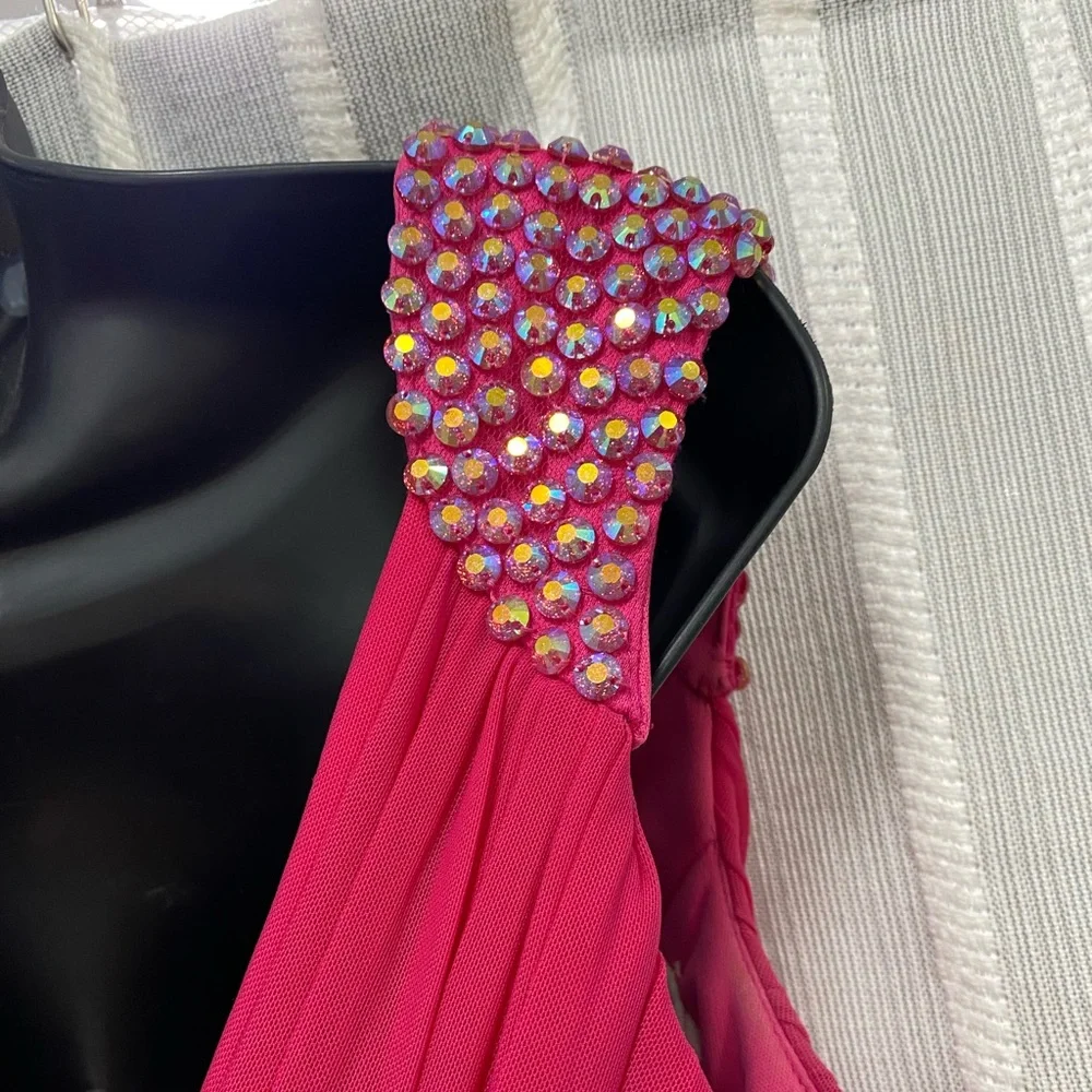 Hot Pink & Iridescent Beads Sleeveless Rouched Bodycon Homecoming Prom Dress S/M